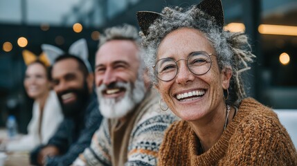 Fototapeta premium Happy diverse group of people with playful cat ear headbands smiling outdoors