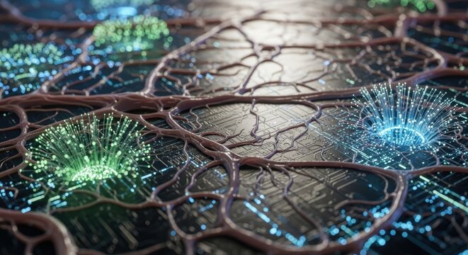 Organic neural pathways connecting to digital circuit board with neon fiber optics.