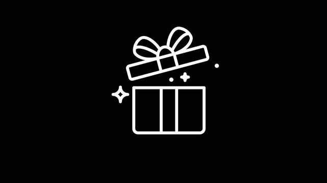 Animation of a gift box opening, featuring a ribbon bow and an outline made of magical sparkles, set against a transparent background. . Alpha Channel 4K.	
