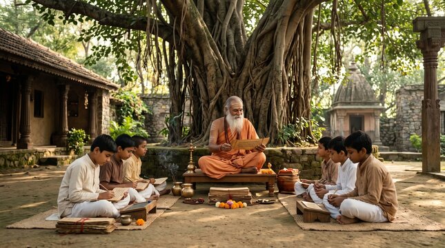 An Indian guru teaching young students under a banyan tree in a traditional outdoor gurukul environment