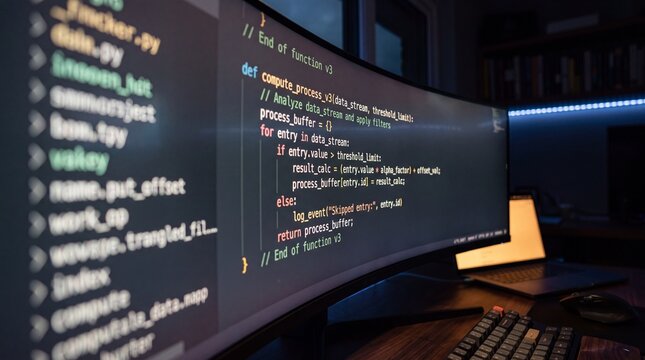 Abstract programming code on a curved monitor screen with colorful syntax highlighting and warm laptop glow in a dark developer workspace