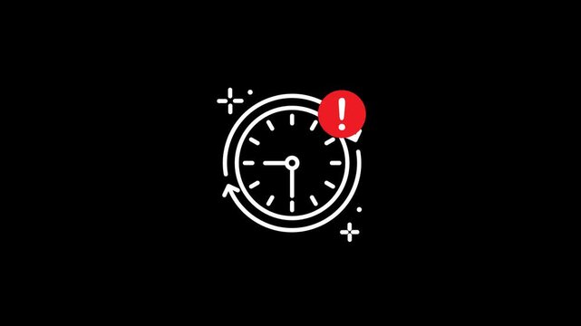Clock animation with a refresh arrow and a red exclamation mark alert badge on a transparent background. Alpha Channel 4K.	