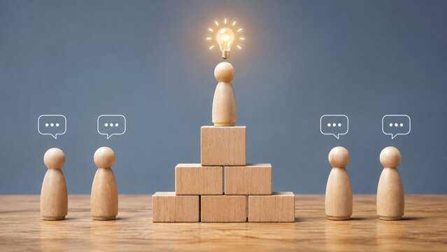 Wooden peg figure stands atop block pyramid with glowing lightbulb symbolizing leadership innovative ideas and effective team communication