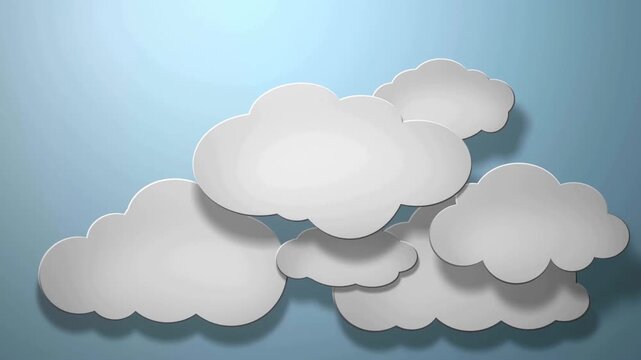 Abstract white paper cut style clouds moving slowly across soft blue background digital animation footage.