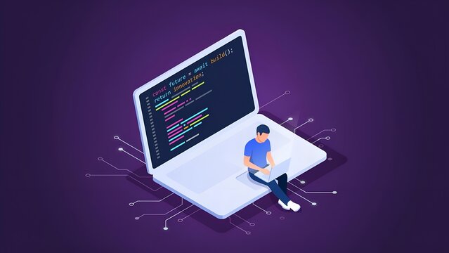 Isometric illustration of a programmer sitting on a laptop screen coding with digital circuit board lines on a dark purple background