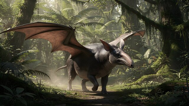 A fantastical creature with bat wings and an aardvark body walking through a lush jungle.