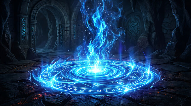 Glowing blue magic circle with arcane symbols and smoke