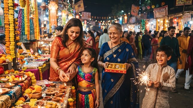 Happy indian family celebrating diwali festival with sparklers and traditional sweets in a decorated marketplace