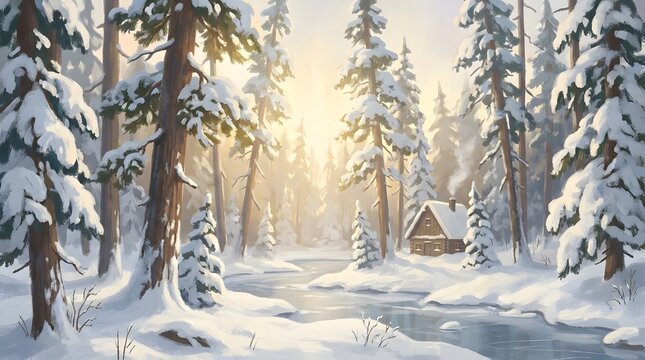 A peaceful winter landscape featuring a small wooden cabin nestled in a snowy forest with a flowing stream at sunrise.