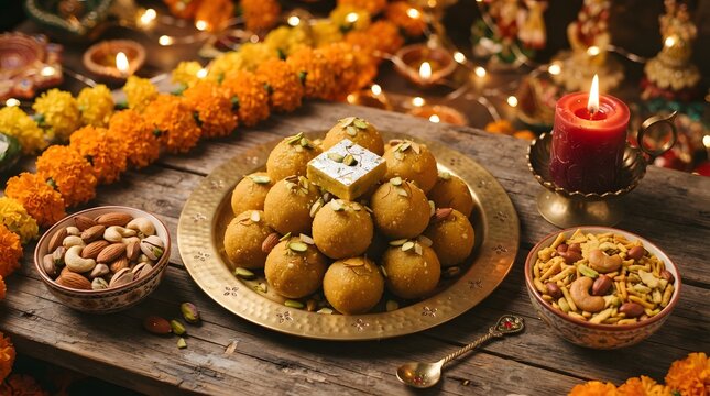 Traditional indian diwali sweets laddu and barfi served on a brass plate with nuts and snacks