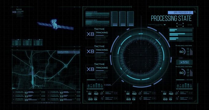 Futuristic tracking interface displays a digital satellite, city map, circular scanner and data processing indicators.