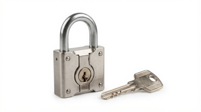 Heavy duty steel padlock with metal key, secure chrome lock for safety and protection, industrial silver padlock on white background