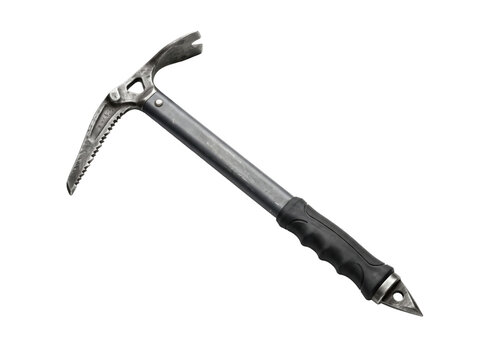 Metal ice axe for mountaineering. Climbing tool isolated on white background.