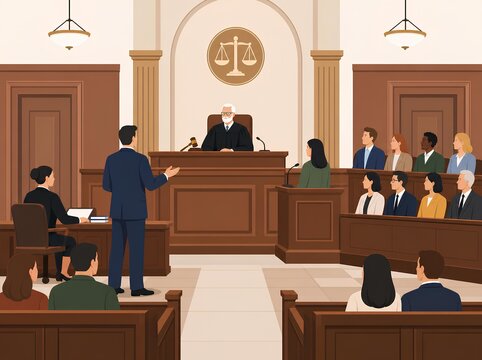 Courtroom trial flat illustration with lawyer judge and jury. Modern flat illustration of a courtroom trial scene showing a lawyer presenting a case before a judge and jury.