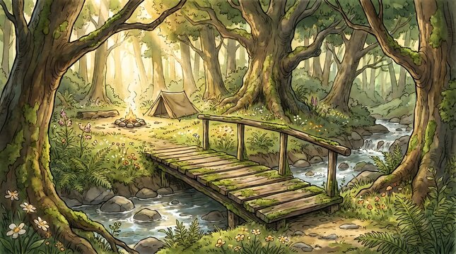 A serene campsite with a small tent and campfire nestled in a lush green forest by a flowing stream.