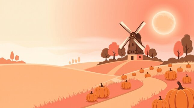Vector Illustration of a Pumpkin Patch and Autumn Landscape with Windmill
