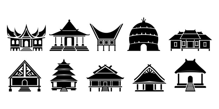 Indonesian traditional house silhouette icon set