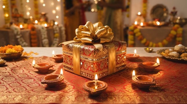 Diwali gift box with golden ribbon and traditional oil lamps
