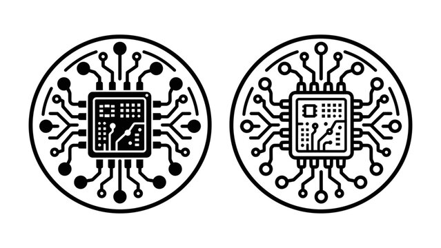 Circuit Board Icons: Two minimalist circular icons depict intricate circuit board patterns, symbolizing technology and innovation.