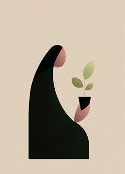 Illustration of a woman's head and neck. the woman is wearing a black hijab and her hair is pulled back in a bun. she is holding a small plant in her hand.