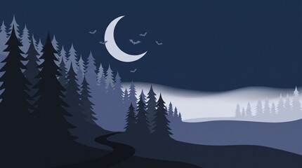 Obraz premium Spooky Halloween Night Scene With Moon and Flying Bats Over Forest