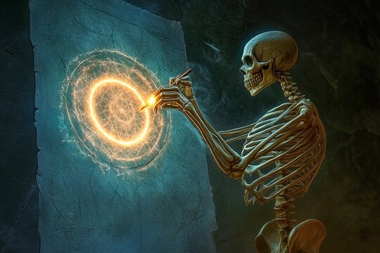 Mystical skeleton conjures circles of magic on ancient parchment in dim light
