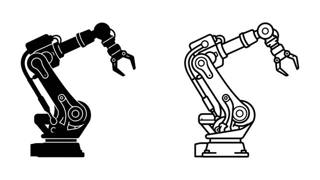 Robotic Arm Designs: Two stylized illustrations of a robotic arm, one solid black and the other outlined in black, showcase the mechanical design of industrial automation.