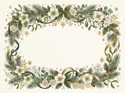Elegant Floral Wreath Frame with Gold Ribbons.