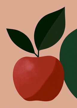 Illustration of a red apple with two green leaves on either side. the apple is in the center of the image, with the leaves on the left and right sides.