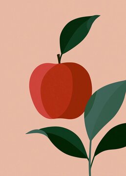 Illustration of a red apple with two green leaves on a light pink background. the apple is in the center of the image, with the stem and leaves on either side.