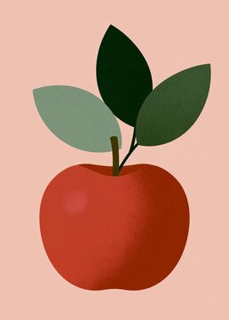 Illustration of an apple with two leaves on top. the apple is red in color and has a round shape with a stem attached to it. the leaves are green and have a pointed tip.