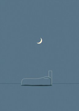 Minimalistic illustration of a crescent moon in a light blue sky. the moon is in the center of the image, with a thin white line drawing of a bed on the right side.