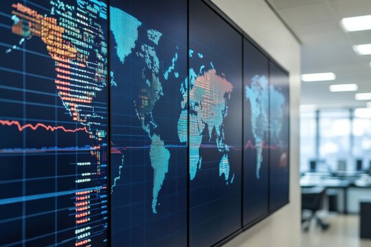 Financial trends showcased on world map in a modern office environment for global market analysis