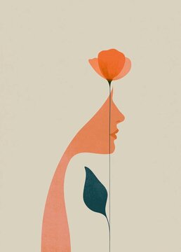 Illustration of a woman's face with a single orange flower in her mouth. the background is a light beige color.