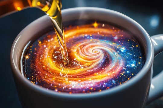 Pouring thick syrup into a white coffee cup creating a swirling space galaxy vortex