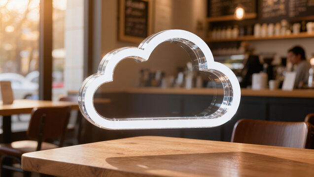 Cloud computing technology, cloud icon on table in cafe interior