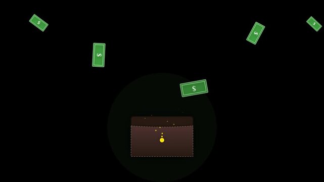  Minimalist digital animation of green dollar bills falling into a glowing wallet on a black background, representing wealth and finance growth