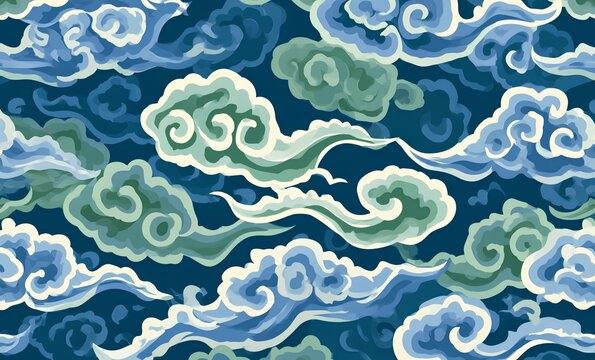 Chinese auspicious cloud pattern in blue and green with traditional decorative motifs.