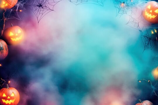 Spooky halloween background with glowing carved pumpkins and spiderwebs in colorful neon smoke