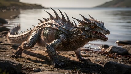 Fototapeta premium A fierce fantasy dragon creature standing on a rocky lakeshore at sunset.