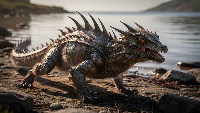 A fierce fantasy dragon creature standing on a rocky lakeshore at sunset.