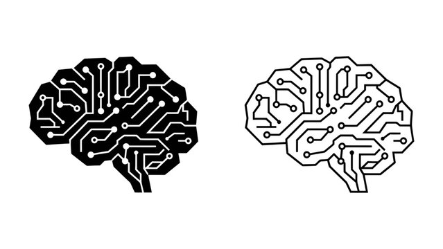 AI Brain Circuit: Two stylized representations of a human brain, one in black silhouette and the other as a line drawing, feature intricate circuit board patterns.