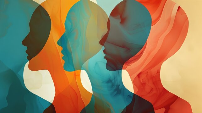 Abstract double exposure visualization of overlapping human profile silhouettes, symbolizing multiple personalities, schizophrenia, and mental friction.