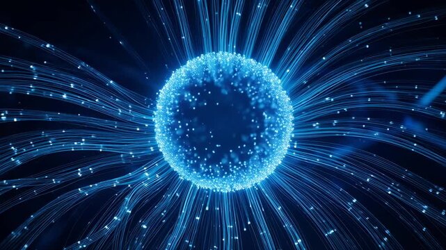 Blue plasma sphere with energy tendrils pulsing gently in dark abstract science background