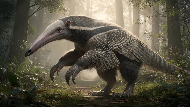 A fantastical hybrid creature resembling an anteater with bird wings standing in a misty forest.