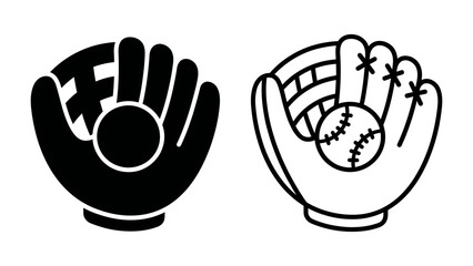 Fototapeta premium Baseball Mitts and Ball Icons: Two stylized baseball mitts, one solid black and one outlined, are shown with a baseball nestled in the pocket, representing the sport and equipment.