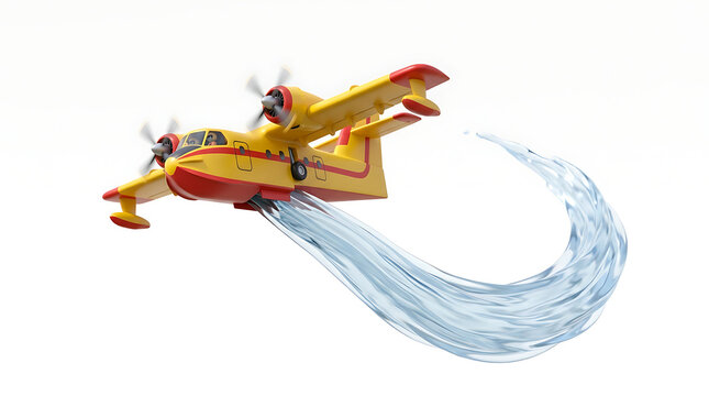 A yellow and red amphibious firefighting seaplane flying and dropping a large stream of water.