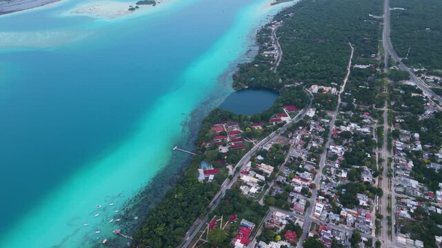 Aerial panorama of Bacalar Lagoon revealing cenotes and tropical scenery