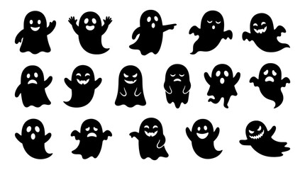 Fototapeta premium Cute Halloween ghost waving silhouette icon set with spooky and playful expressions