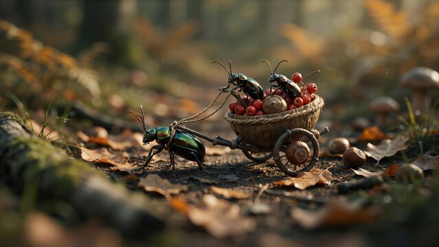 A whimsical scene of iridescent beetles pulling a small cart filled with red berries and acorns in an autumn forest